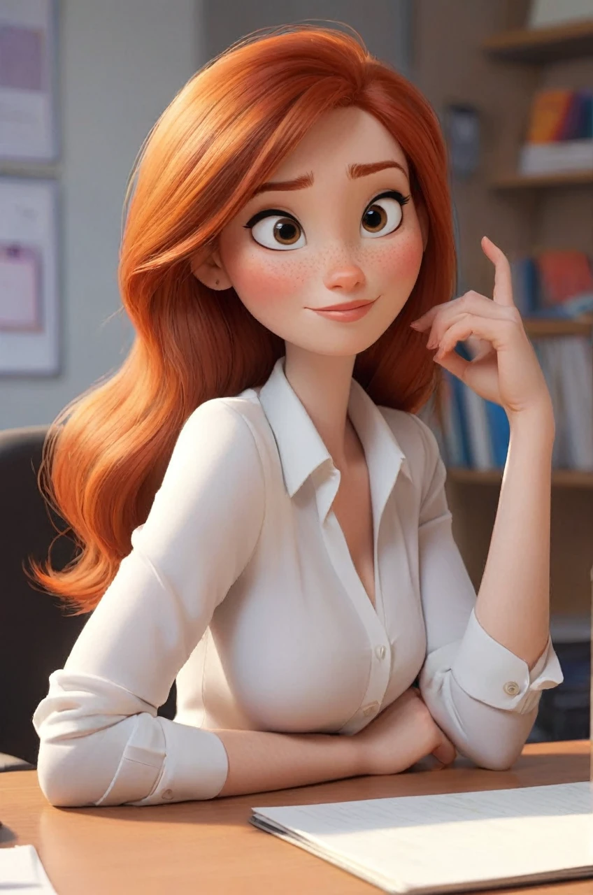Disney Pixar style: 1.2) (adorable and cute girl: 1.15) (adult age 36: 1.15) redhead, straight hair, black eyes, very thin blazer, huge breasts, cleavage, white shirt, in an office , (perfect hands: 1.1) (extreme far shot, full body, zoom out: 1.1) laptop