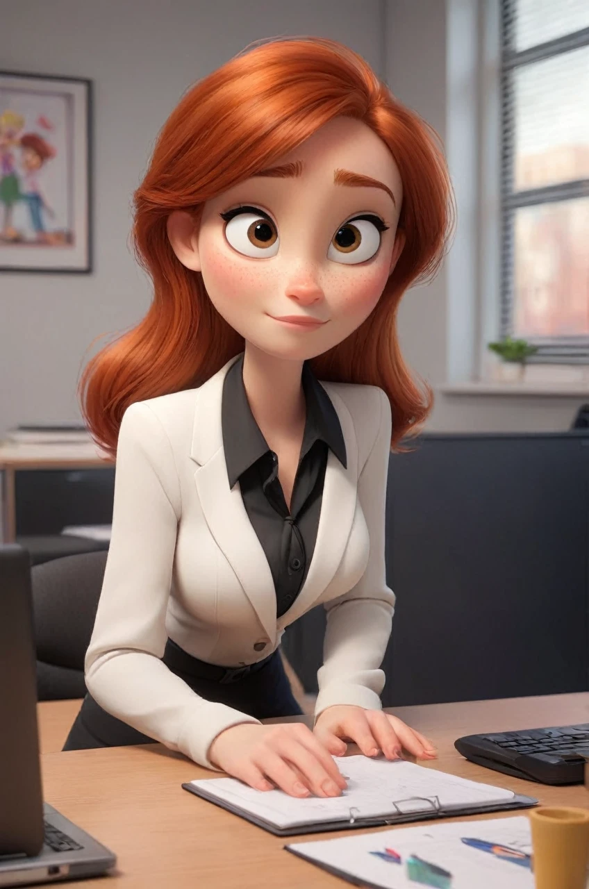 Disney Pixar style: 1.2) (adorable and cute girl: 1.15) (adult age 36: 1.15) redhead, straight hair, black eyes, very thin blazer, huge breasts, cleavage, white shirt, in an office , (perfect hands: 1.1) (extreme far shot, full body, zoom out: 1.1) laptop