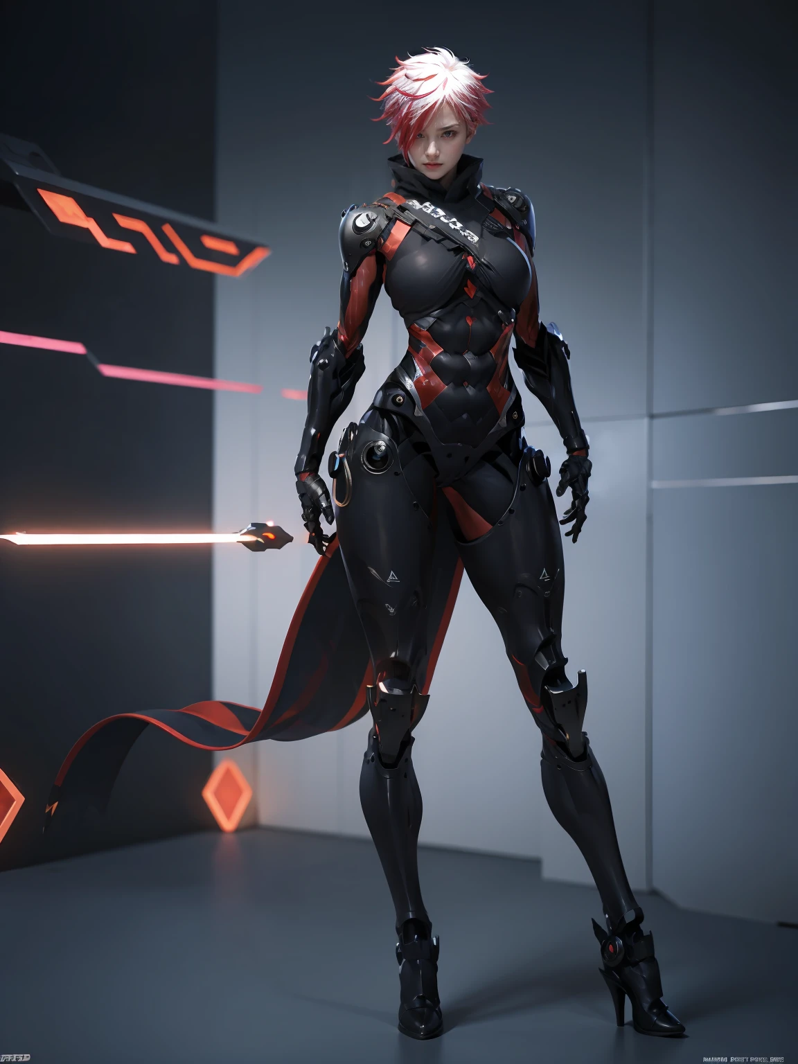 Amily_Dystopia_Enforcer, (1girl:1.4), solo, short hair, red hair, white hair, hair over one eye, multicolored hair, scar on face, (red eyes:1.4), lips, closed mouth, blush, breasts, (medium breasts:1.6), armor, power armor, bodysuit, robot, cyborg, robot joints, mechanical arms, gloves, ((large hips)), ass, mechanical legs, boots, high heels, science fiction, muscular female