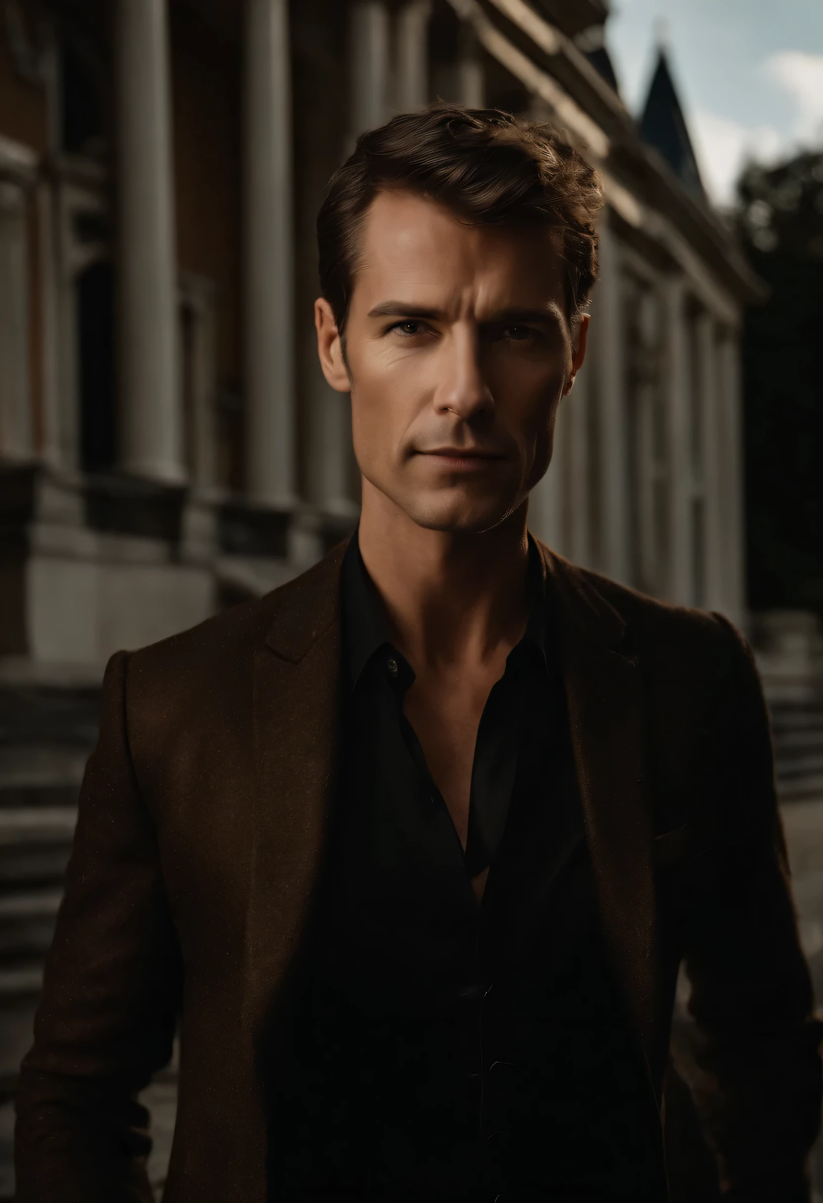 corps entier, wide-angle photo close-up portrait of the body of a handsome man , Grand et en forme, (40 ans:1.1), (shaven:1.2) , (very short brown hair:1.5),(very short hair:1.6). Dark brown tight velvet suit, (La veste a des motifs de fleurs noires:1.2). (posing outside the mansion with a luxury car:1.1), crowded street with cafes in the distance, Cold and dark sunset at dusk, (Edge Light:1.1),(Concentrez-vous sur les yeux), (angry look), (hard light on the skin:1.2), (ombres dures, dark themed, Contraste profond:1.1), (photographie de portrait par Annie Liebovitz), Dark mint theme and choral aesthetics, (skin imperfections)