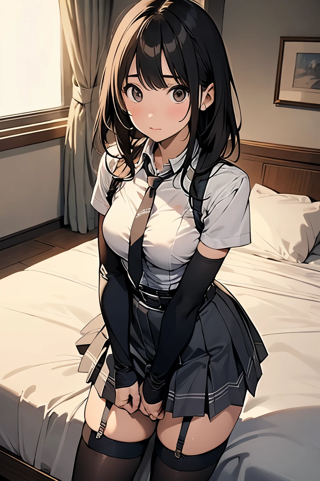 1 female, , high quality, masterpiece, Ultra-high resolution, , Cinema Lighting, , , And the suspenders with the cranes flying　　　Moderate breasts　 　 　　　　Large Breasts　 　 　　　　Small face　 　　　holster　　　　　　　 Lying in bed　Looking up　　　　Sweat 　　　belt　summer　脇Sweat 　Black Hole Gloves　suit　　　　 　garterbelt　Leg Links　ズボンにbelt　　holster　 　　Hands behind your back　 Anxious expression　Looking up　Anxious face　Knee-high　Knee socks　Knee-highソックス garterbelt　garter　ふとももにgarterbelt　Checkered mini skirt　tie