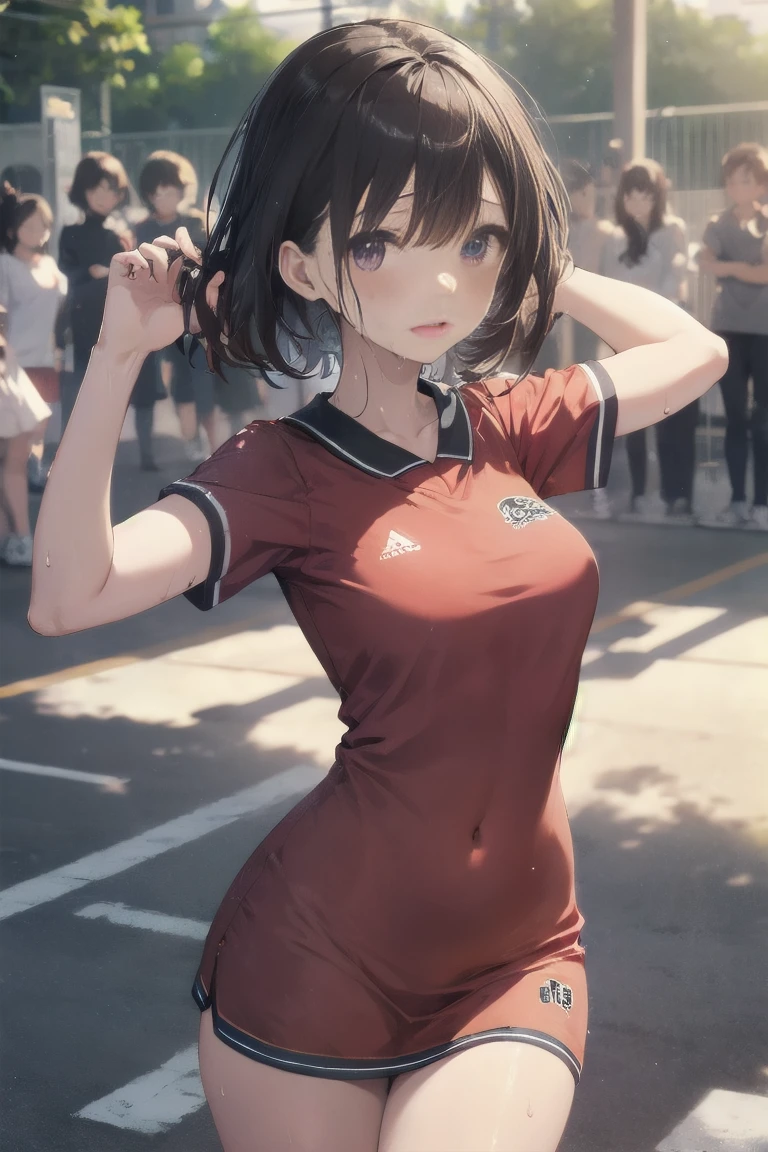 Highest quality、Complete limbs、Full Finger、Slender beauty、Straight Hair、Brown Hair、barefoot、Purple Cheerleader Costume、School playground、sweating、Wet texture、Beautiful big breasts、Dancing