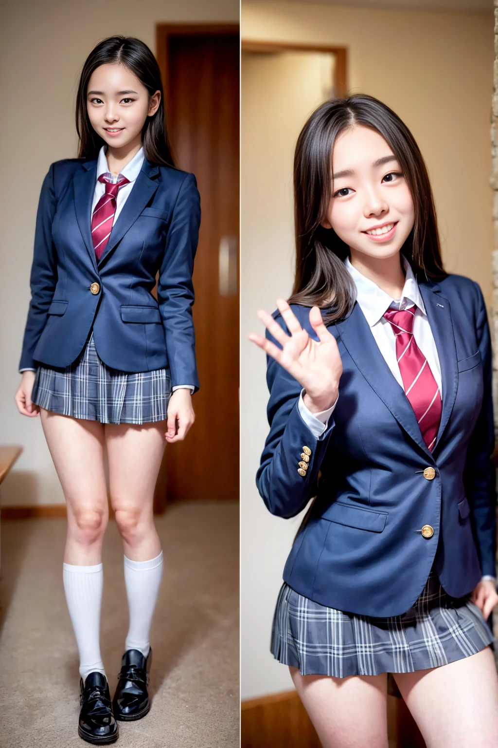 ((masterpiece)),(((best quality))),thin thighs,long legs,girl standing in school,red tie uniform,dark blue blazer,blue plaid skirt,18 years old,forehead,small smile,random pause,Pretty Woman,slim girl,