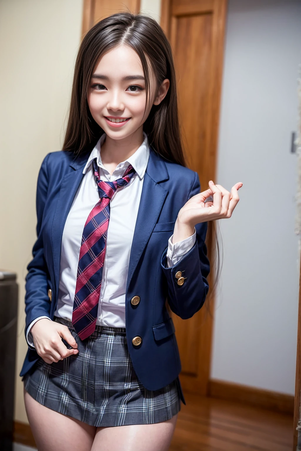 ((masterpiece)),(((best quality))),thin thighs,long legs,girl standing in school,red tie uniform,dark blue blazer,blue plaid skirt,18 years old,forehead,small smile,random pause,Pretty Woman,slim girl,