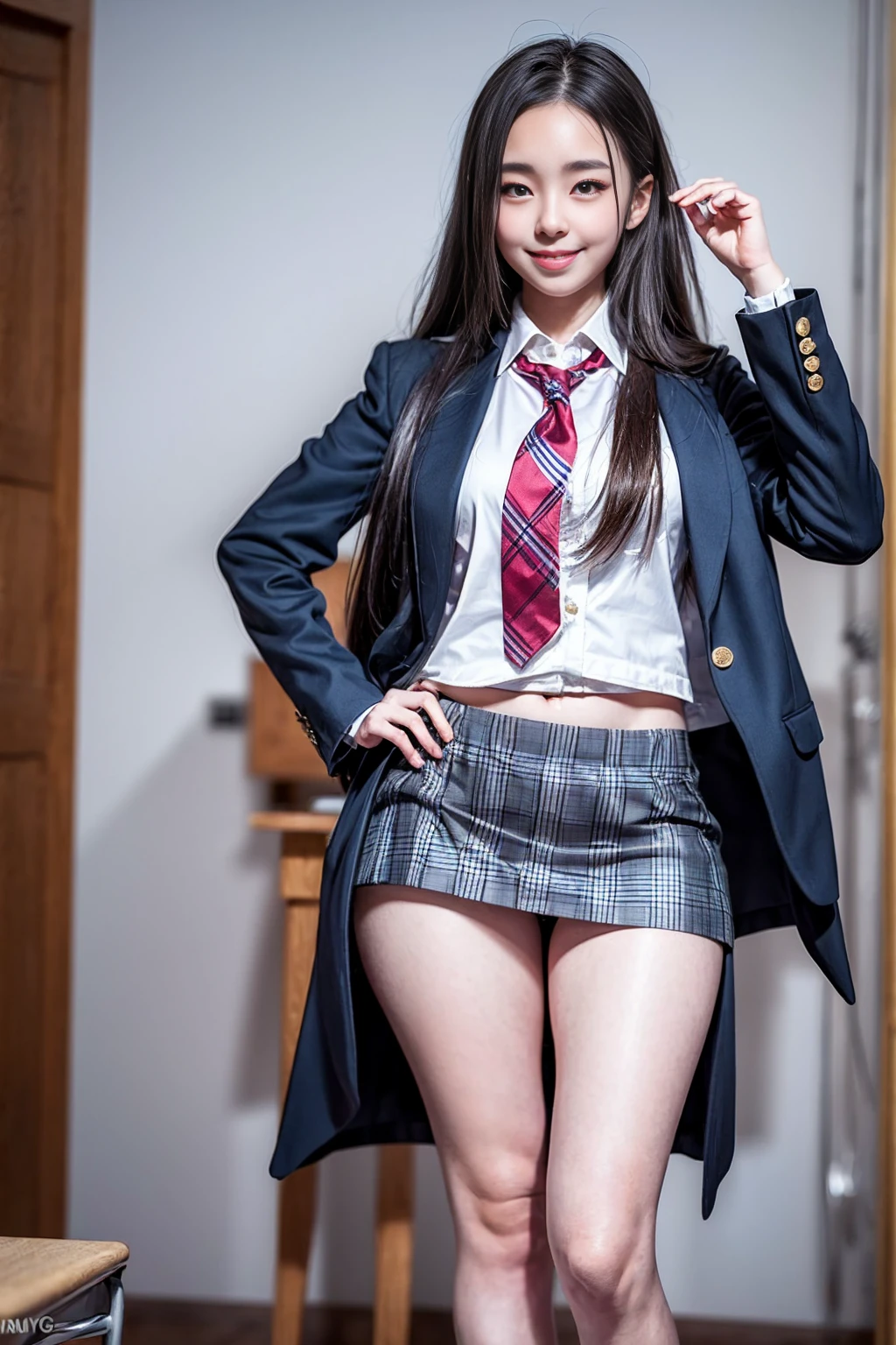 ((masterpiece)),(((best quality))),thin thighs,long legs,girl standing in school,red tie uniform,dark blue blazer,blue plaid skirt,18 years old,forehead,small smile,random pause，Pretty Woman，slim girl，