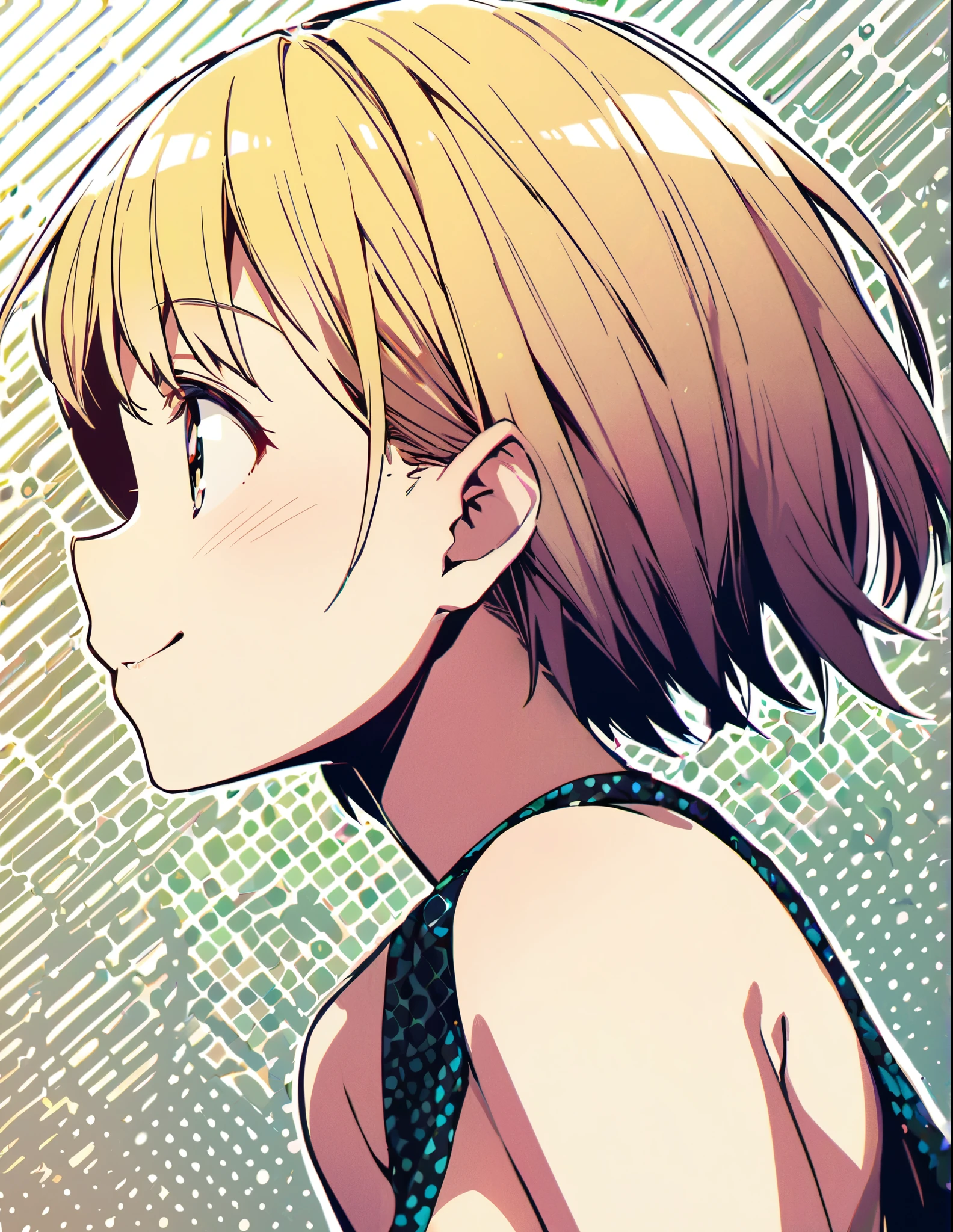 Profile of a cheerful blonde short-haired girl, side boob exposed Screentone processing Shading