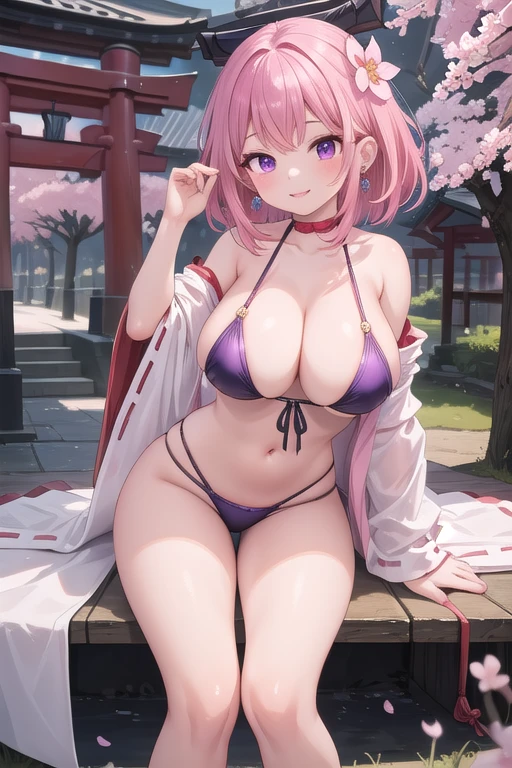 1 girl, (ulzzang-6500:0.7), kpop idol, Yae Mico, bikini, separate sleeves, bare shoulders, pink hair, by the wide, bikini, Best Quality, (chart:1.5), (hair ornament:1.35), jewelry, purple eyes, earrings, old, torii, Cherry blossoms, flashlight light, depth of field, detailed face, facial focus, Love_cut, (looking at the viewer:1.25), non-traditional miko, shiny skin, long sleeves, smile, thick lips, CG game, Hands on lips, East Asian architecture, (blurred background:1.2), Session, Upper part of the body, bikini woman body defined thick thighs cyber body parts, ropa interior corta ochako uraraka, huge chest,