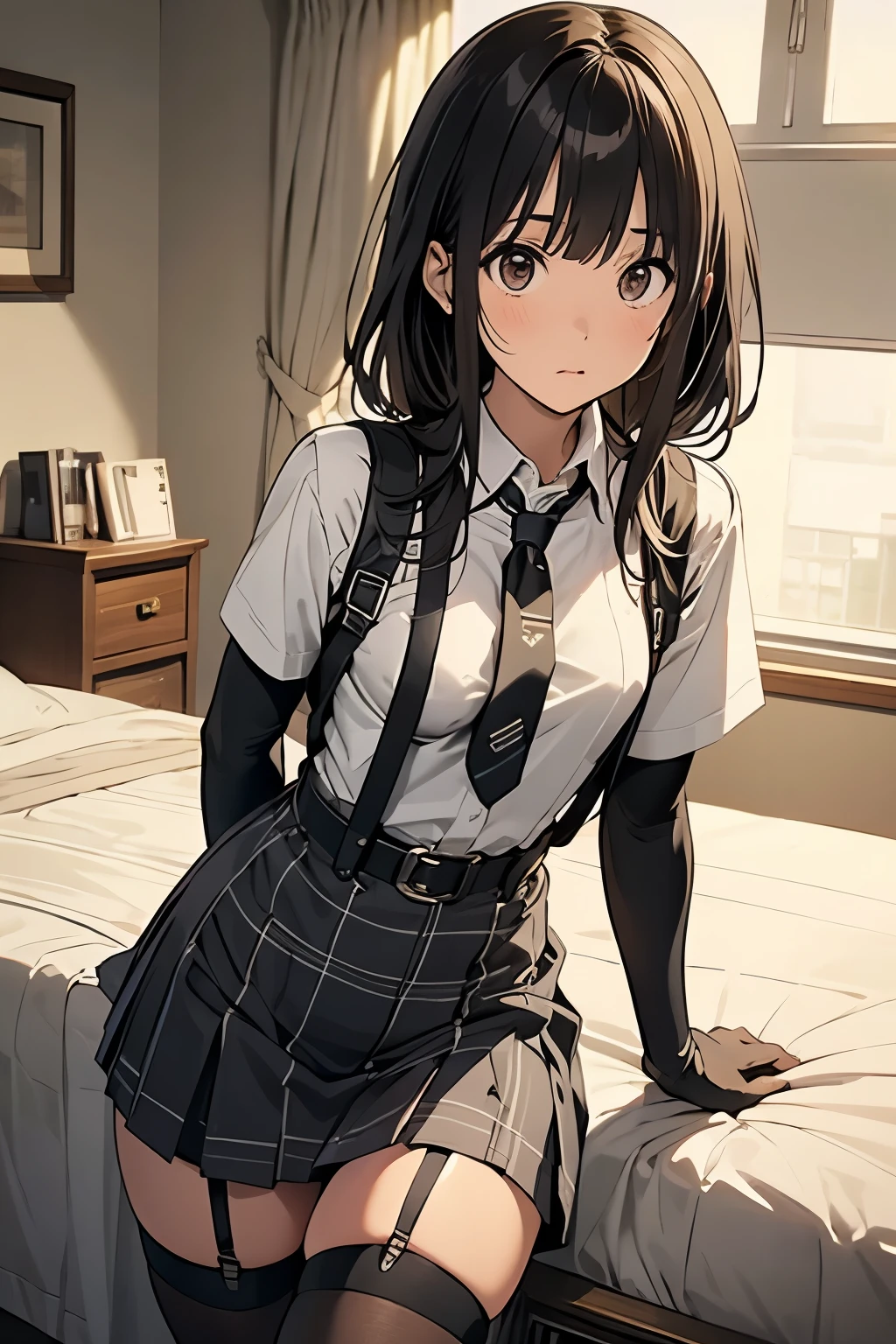 1 female, , high quality, masterpiece, Ultra-high resolution, , Cinema Lighting, , , And the suspenders with the cranes flying Moderate breasts Large Breasts Small face holster Lying in bed Looking up Sweat belt summer 脇Sweat Black Hole Gloves suit garterbelt Leg Links ズボンにbelt holster Hands behind your back Anxious expression Looking up Anxious face Knee-high Knee socks Knee-highソックス garterbelt garter ふとももにgarterbelt Checkered mini skirt tie