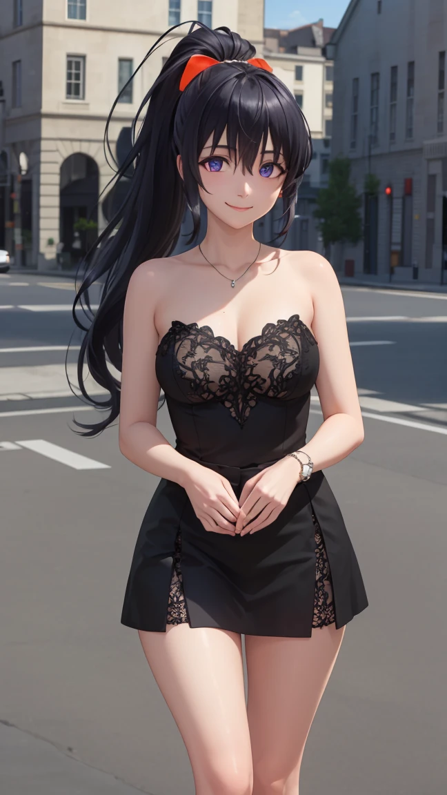 HimejimaAkeno, 1girl, closed mouth, smile, blush, black hair, long hair, purple eyes, ponytail, red ribbon,
BREAK (Black dress for a ball dance:1.2)
BREAK standing, looking at viewer, outdoors, castle,
BREAK (masterpiece:1.2), best quality, high resolution, unity 8k wallpaper, (illustration:0.8), (beautiful detailed eyes:1.6), extremely detailed face, perfect lighting, extremely detailed CG, (perfect hands, perfect anatomy),