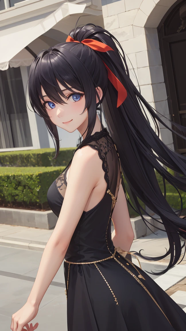 HimejimaAkeno, 1girl, closed mouth, smile, blush, black hair, long hair, purple eyes, ponytail, red ribbon,
BREAK (Black dress for a ball dance:1.2)
BREAK standing, looking at viewer, outdoors, castle,
BREAK (masterpiece:1.2), best quality, high resolution, unity 8k wallpaper, (illustration:0.8), (beautiful detailed eyes:1.6), extremely detailed face, perfect lighting, extremely detailed CG, (perfect hands, perfect anatomy),