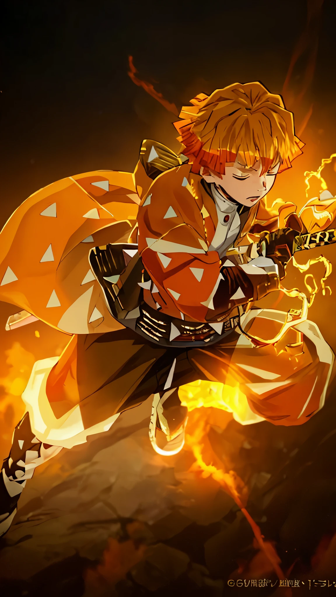 Zenitsu Agatsuma, orange-haired anime boy from the world of Demon Slayer, stands in the midst of a blazing inferno. He is wearing a vibrant yellow jacket and stylish black pants, completing his eye-catching outfit. With his intensively detailed face, Zenitsu's closed eyes radiate a sense of tranquility. In his hand, he tightly grips a sleek katana, ready to unleash his lightning-fast attacks. The atmosphere is filled with a vivid orange color palette, enhancing the intensity of the scene. The lighting gracefully illuminates Zenitsu's figure, casting shadows that add depth and realism to the overall composition. This prompt guarantees the best quality output, ensuring ultra-detailed and realistic results. The artwork will showcase Zenitsu's unique anime-inspired style, stunning viewers with its remarkable level of detail and fine painting.