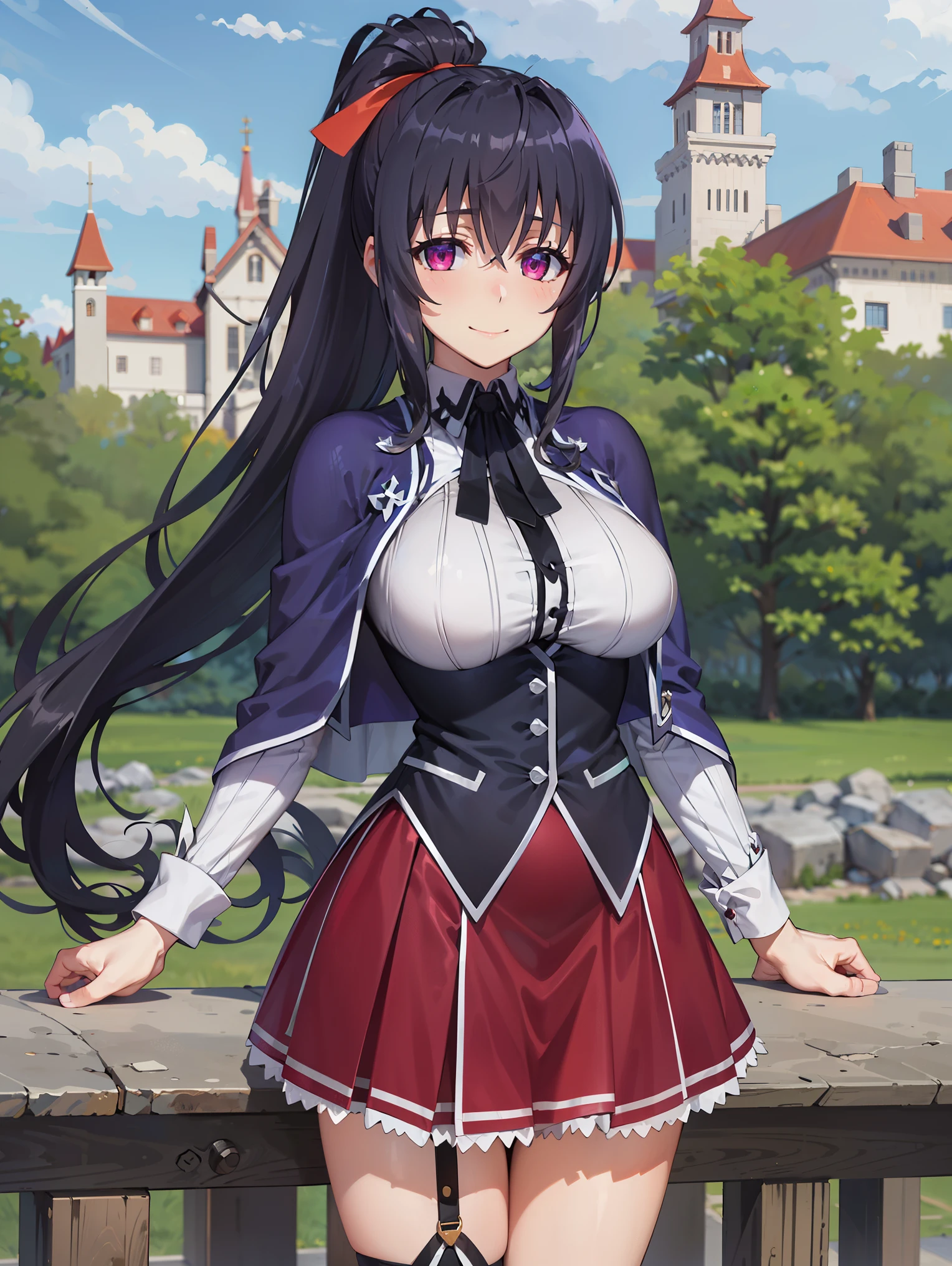 best quality, masterpiece, detailed,
HimejimaAkeno, 1girl, closed mouth, smile, blush, black hair, long hair, purple eyes, ponytail, red ribbon,
, striped shirt, neck ribbon, black ribbon, black corset, purple skirt, large breasts, capelet,
standing, looking at viewer,
outdoors, castle