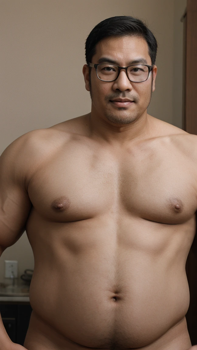 asiatic man, tall, swollen belly, big belly, muscular, hairy, glasses