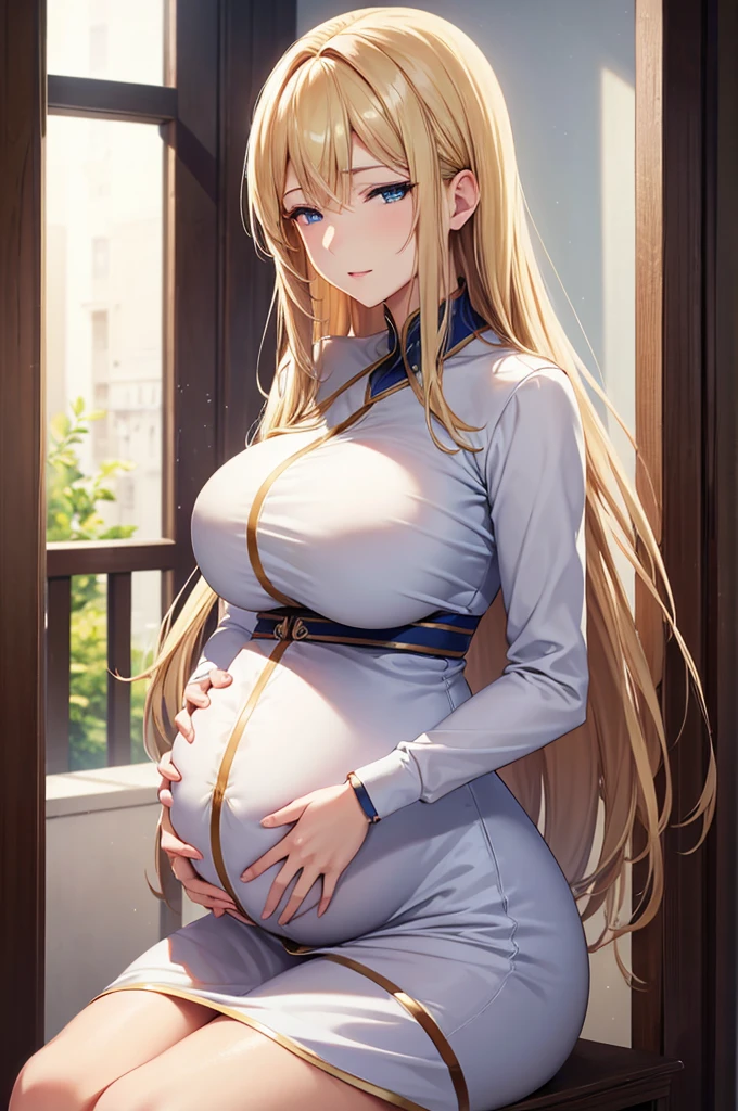 (best quality, highres), portrait, mature woman, Blue eyes, long hair, swept-side bang, [[brown hair]], (blonde hair), big breast, high resolution cg 8k, beautiful cg、Pregnant women、セーラー服