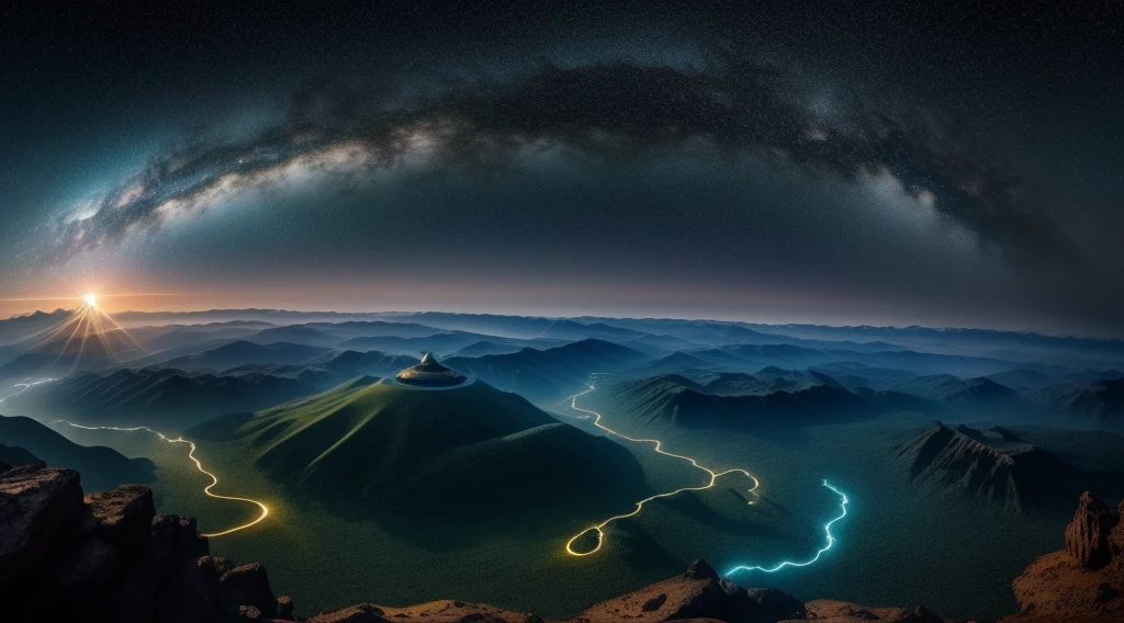 (best quality,4K,8ก,height,Masterpiece:1.2),Very detailed,(realistic,photorealistic,photo-realistic:1.37),alien planet,ghost,exotic landscape,shining rainbow,Ringed planet,The view is mesmerizing.,Another world of beauty,Mysterious atmosphere,invisible miracles,enchanted kingdom,beautiful celestial body, Bright shades,dreamlike scenery,colorful sky,incredible light,Intangible shadow,unexplored frontier,secrets of the universe,Magic of the universe,Starry sky。
