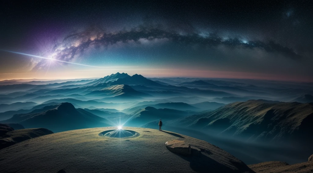 (best quality,4K,8ก,height,Masterpiece:1.2),Very detailed,(realistic,photorealistic,photo-realistic:1.37),alien planet,ghost,exotic landscape,shining rainbow,Ringed planet,The view is mesmerizing.,Another world of beauty,Mysterious atmosphere,invisible miracles,enchanted kingdom,beautiful celestial body, Bright shades,dreamlike scenery,colorful sky,incredible light,Intangible shadow,unexplored frontier,secrets of the universe,Magic of the universe,Starry sky。