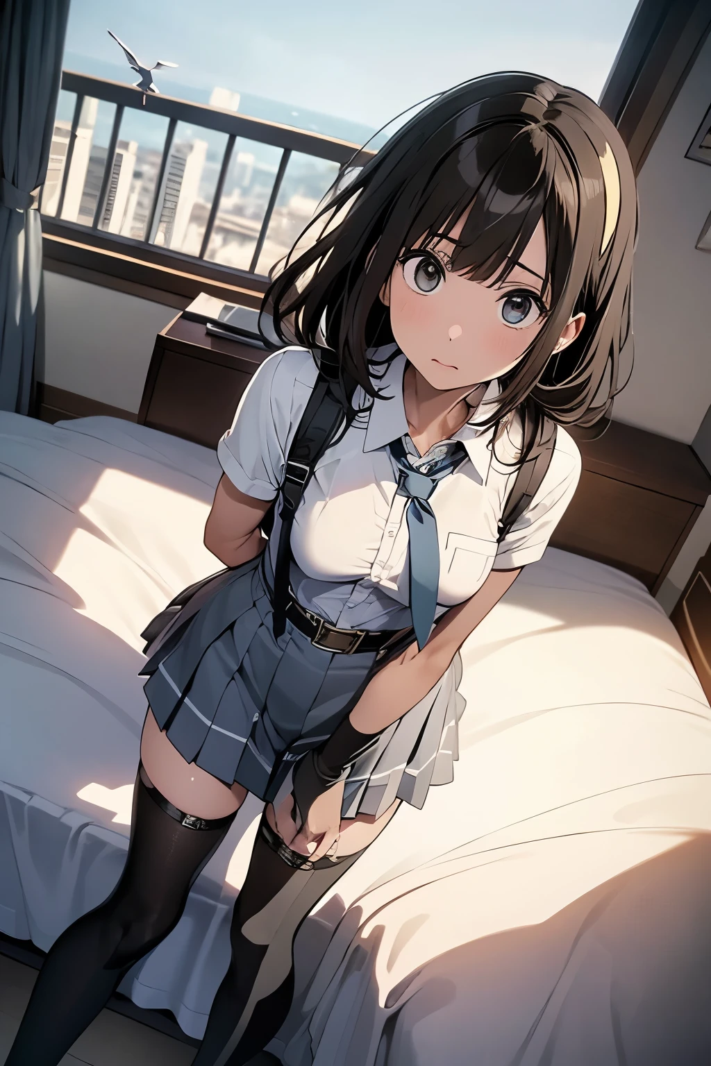 1 female, , high quality, masterpiece, Ultra-high resolution, , Cinema Lighting, , , And the suspenders with the cranes flying Moderate breasts Large Breasts Small face holster Lying in bed Looking up Sweat belt summer 脇Sweat Black Hole Gloves suit garterbelt Leg Links ズボンにbelt holster Hands behind your back Anxious expression Looking up Anxious face Knee-high Knee socks Knee-highソックス garterbelt garter ふとももにgarterbelt Checkered mini skirt tie