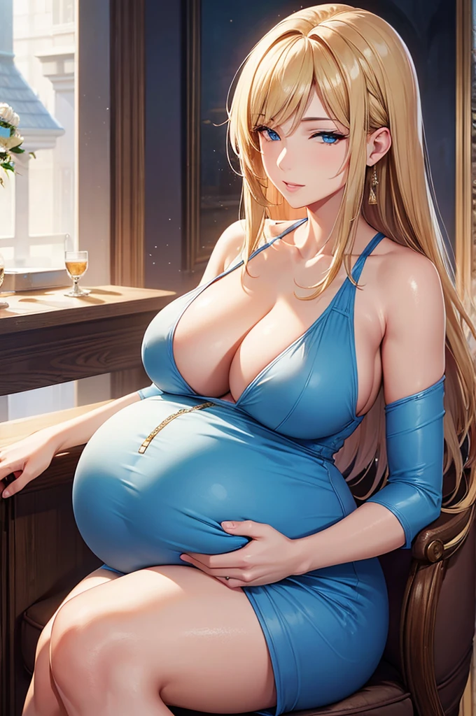 (best quality, highres), portrait, mature woman, Blue eyes, long hair, swept-side bang, [[brown hair]], (blonde hair), big breast, high resolution cg 8k, beautiful cg、Pregnant women