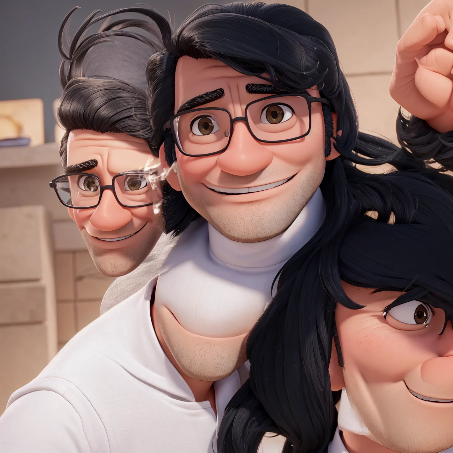 quero um desenho de um homem de 40 anos sorrindo, With goosebumps black hair and square, beardless glasses