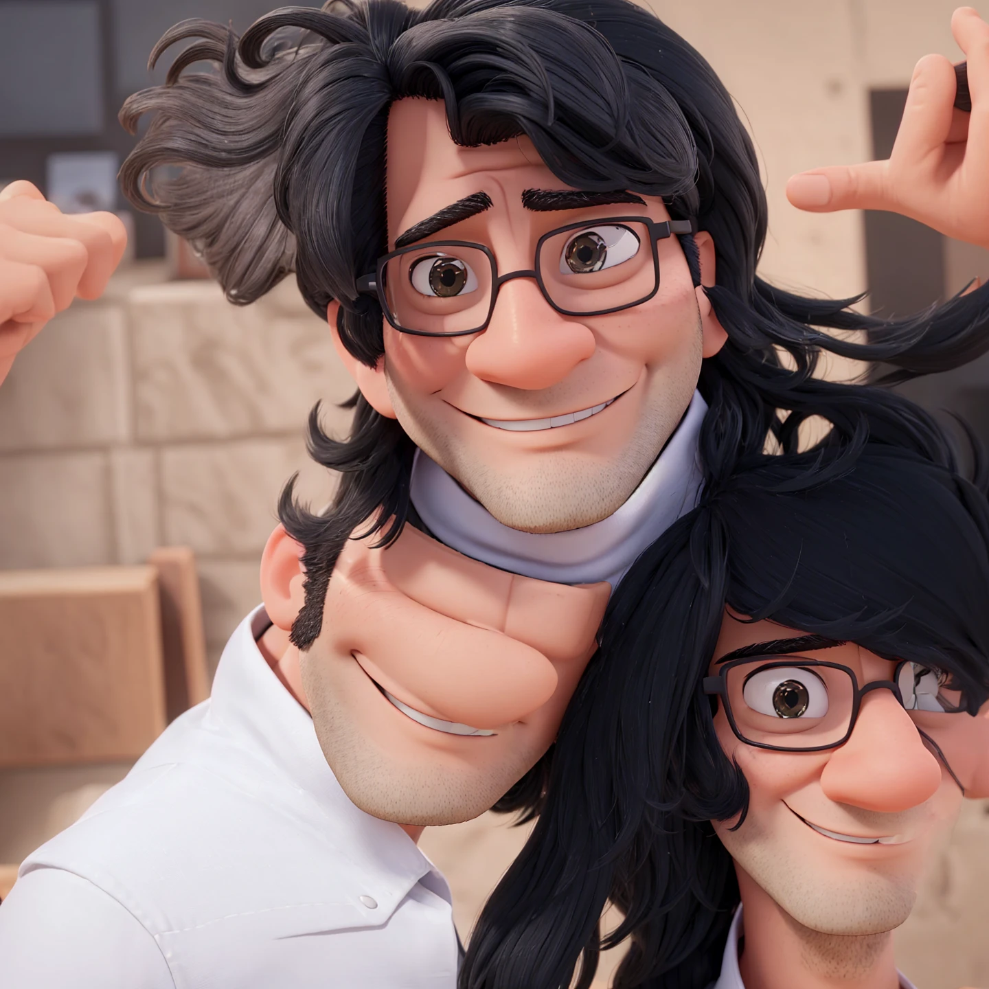 quero um desenho de um homem de 40 anos sorrindo, With goosebumps black hair and square, beardless glasses