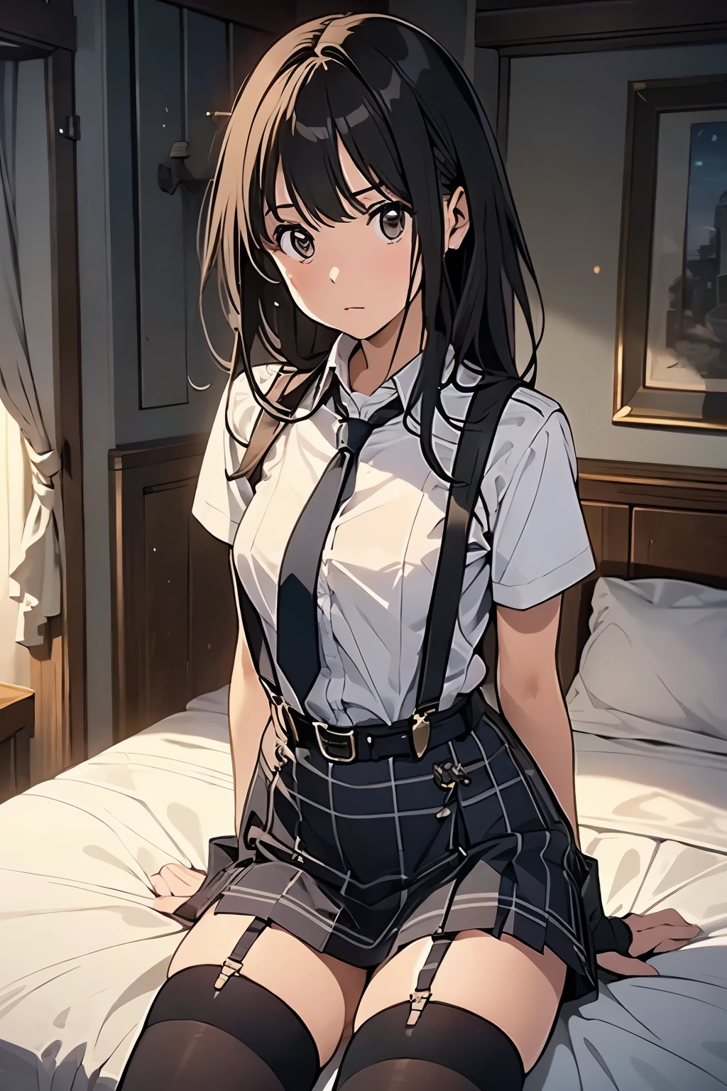 1 female, , high quality, masterpiece, Ultra-high resolution, , Cinema Lighting, , , And the suspenders with the cranes flying Moderate breasts Large Breasts Small face holster Lying in bed Looking up Sweat belt summer 脇Sweat Black Hole Gloves suit garterbelt Leg Links ズボンにbelt holster Hands behind your back Anxious expression Looking up Anxious face Knee-high Knee socks Knee-highソックス garterbelt garter ふとももにgarterbelt Checkered mini skirt tie