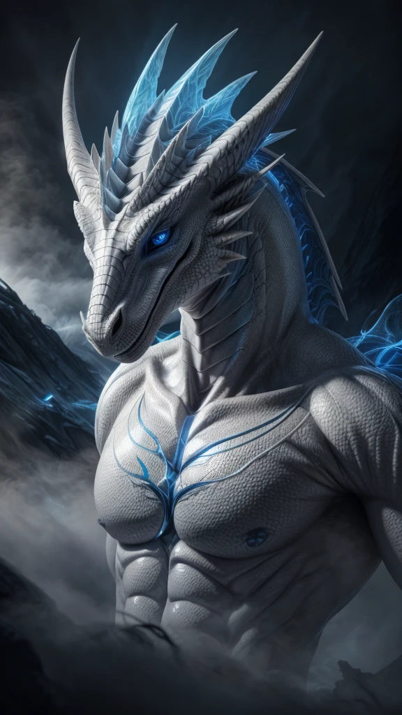 (((8k))), (((High resolution))),((Highest quality)), a white dragon, Blue eyes, blue aura swirling around the body,beautiful fog,mystic atmosphere,Ultra-realistic,8k,Ultra-fine,Super detailed