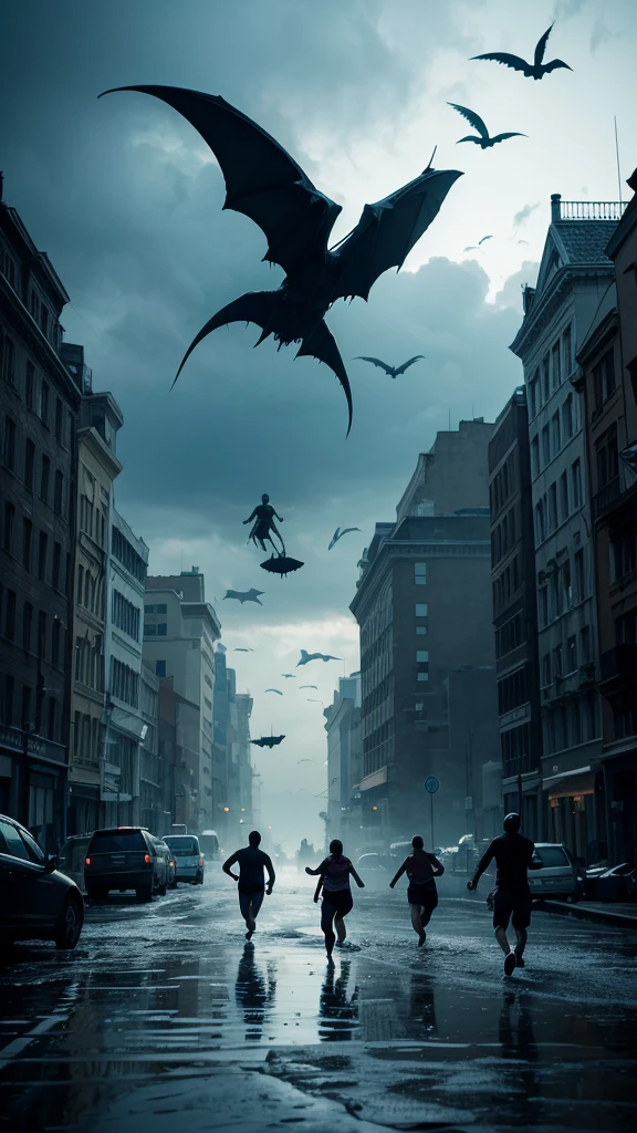 People running away from eerie creatures floating in the sky.