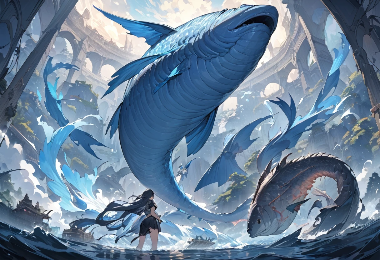 masterpiece, best quality, extremely detailed,,((A very very huge fish)), Bahamut, the fish that supports the world, mythical fish, (mythical pictures,)