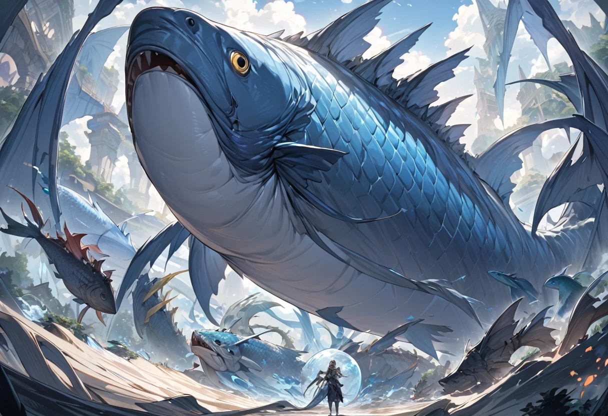 masterpiece, best quality, extremely detailed,,((A very very huge fish)), Bahamut, the fish that supports the world, mythical fish, (mythical pictures,)