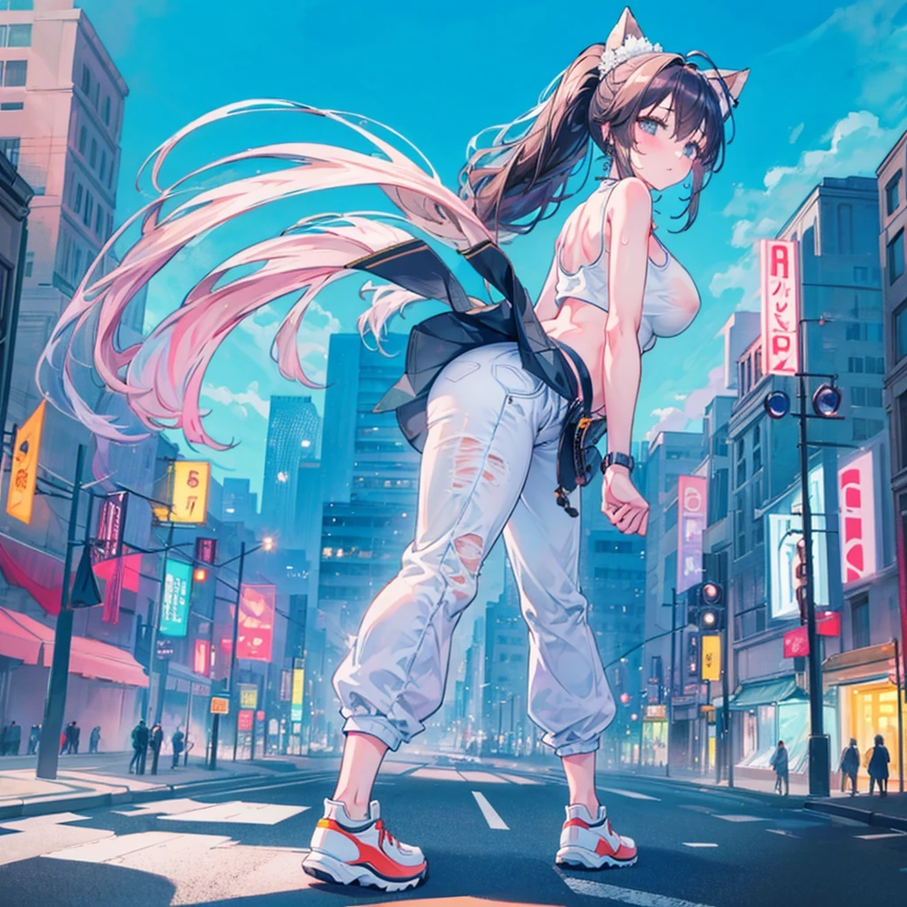 Composition viewed from below masterpiece back Butt Anime Style Delicate painting 4K 90's giant Metropolis crowd Crowd of people Giant girl standing in the city valley Denim pants Big Breasts White T-shirt Summer clothes No sleeve Tank top White Bra Her underwear is visible Sweating profusely Private Server sneakers White socks watch Black Hair ponytail smile night 月night Countless fireworks female giant giant girl Whole body Crowd Unreal Engine,cleavage ,a drawing of a , earrings, long hair,Cute picture Beauty Analog style whole body sneakers