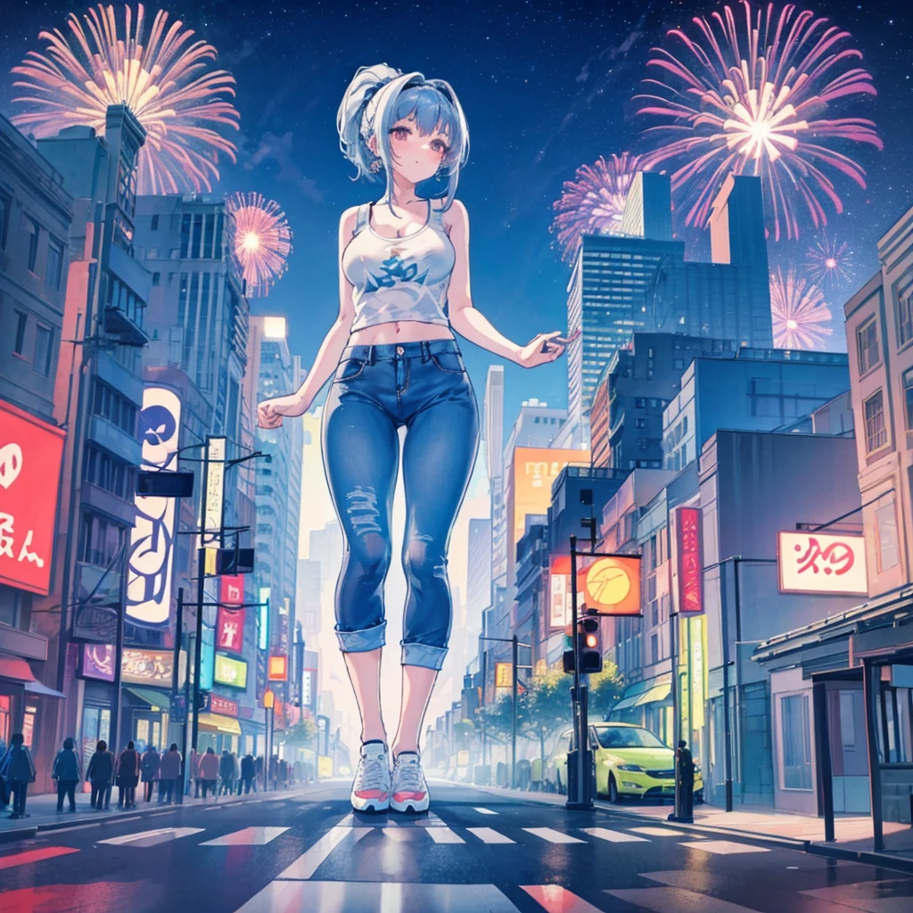 Composition viewed from below masterpiece back Butt Anime Style Delicate painting 4K 90's giant Metropolis crowd Crowd of people Giant girl standing in the city valley Denim pants Big Breasts White T-shirt Summer clothes No sleeve Tank top White Bra Her underwear is visible Sweating profusely Private Server sneakers White socks watch Black Hair ponytail smile night 月night Countless fireworks female giant giant girl Whole body Crowd Unreal Engine,cleavage ,a drawing of a , earrings, long hair,Cute picture Beauty Analog style whole body sneakers
