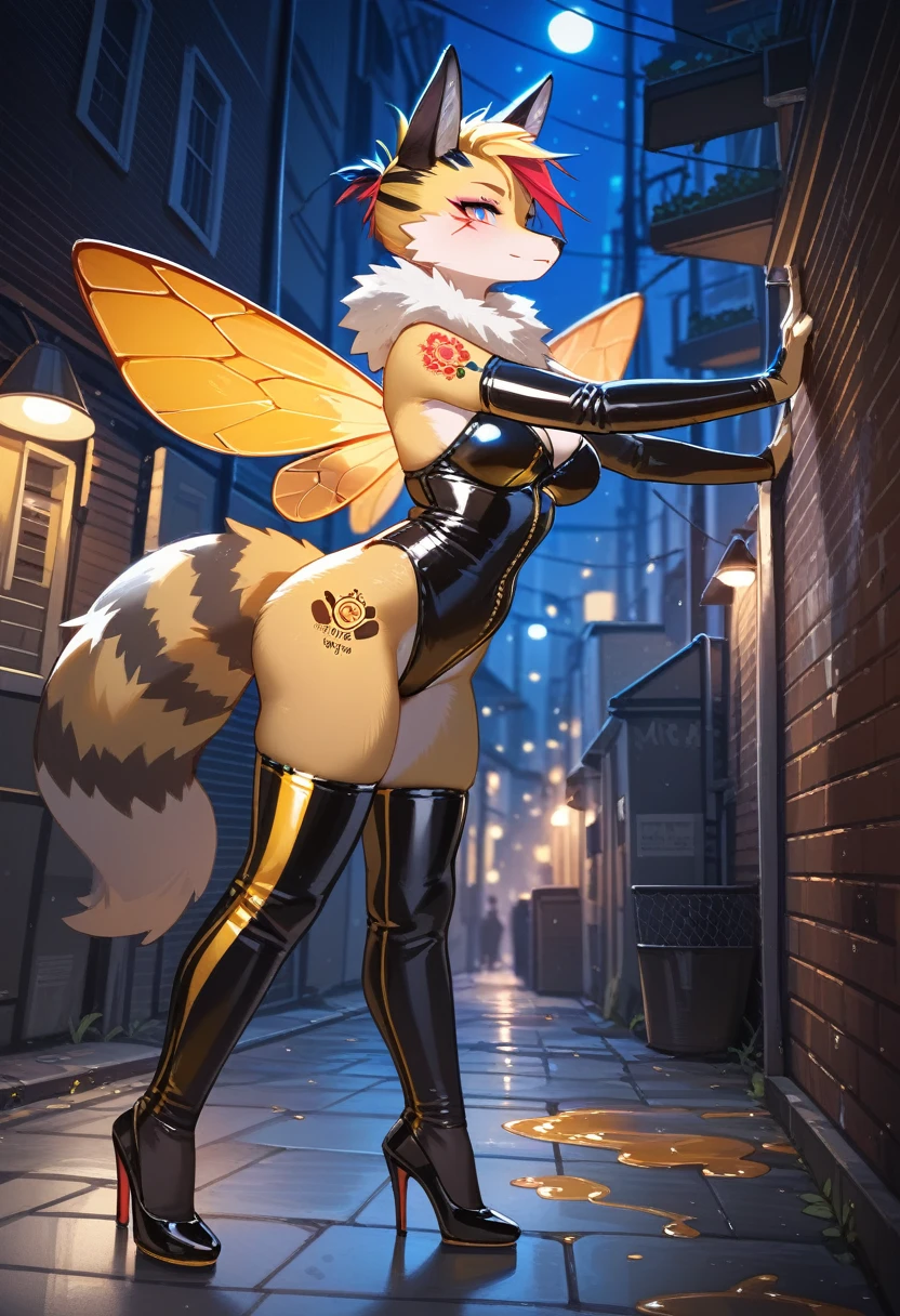 Highest quality, Highest quality, High quality illustrations, masterpiece, Ultra-high resolution, Detailed Background, Alley, night, Absurd, Perfect Anatomy, performance, Good lighting, Shadows in the movies(kemono, Furry Personifi猫ion), fox, Honey Latex, neon, neonカラー, cyber punk, Bee costume, Bee Cosplay, Rubber bee tail, Bee Wings, enamel, Tattoo, High heels, Dynamic Angle