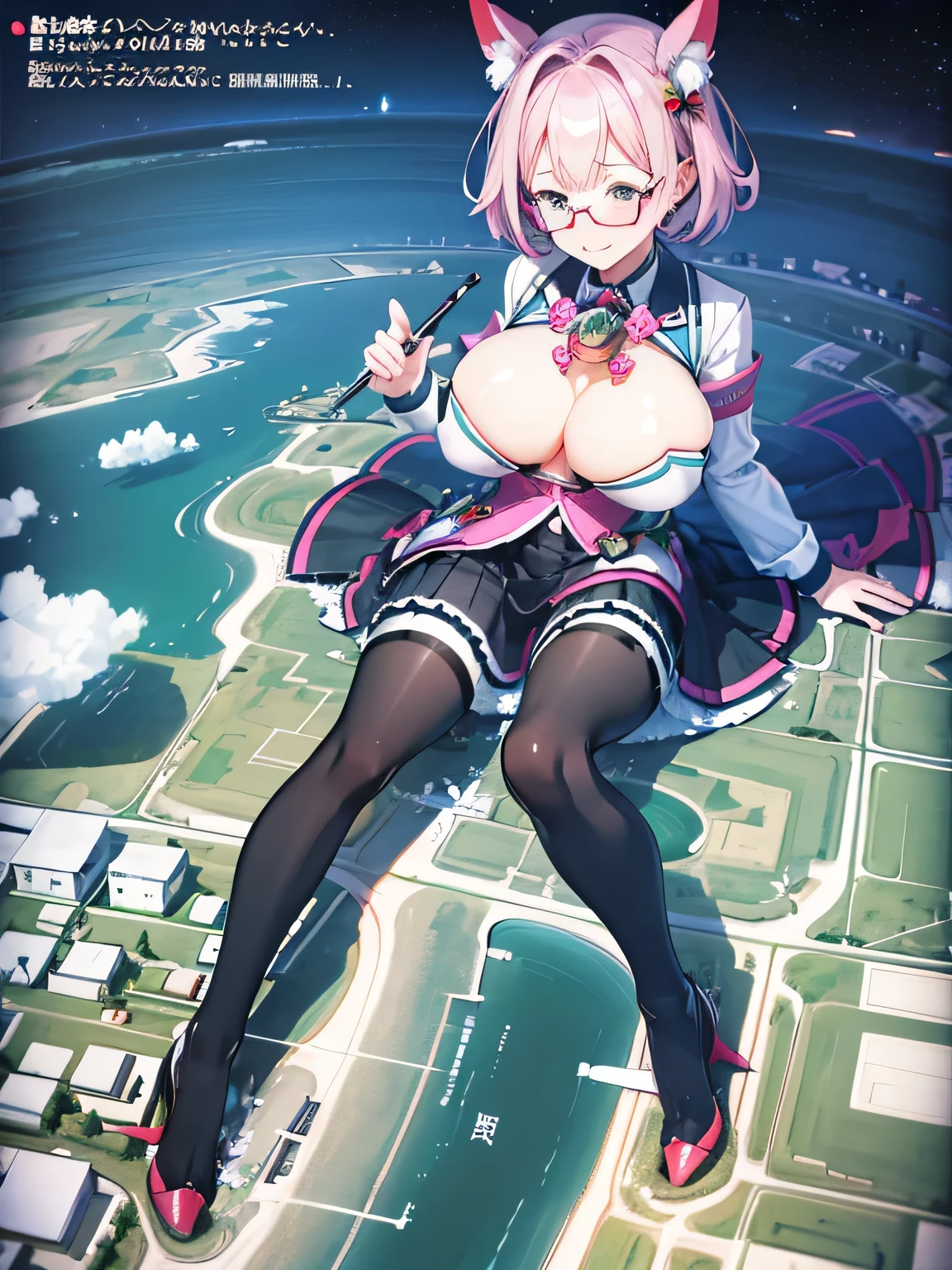 multiple girls, giantess art, highly detailed giantess shots, giantess, most detailed, perfect face, Two legs, Five fingers, short hair, A beautiful girl who is bigger than a skyscraper, Wearing rimless glasses, smile, huge breasts, magical girl dress, bow, magical girl, holding a magical wand, black pantyhose, stiletto heels, thunderbolt from a magical wand, seaside metropolis, ocean, numerous miniature warships on the sea, Destroying cities, Under heavy attack, A very small big city, Miniature metropolis, Full body description, GTS, giga giantess, stomping city, crash city, tiny city, micro city, pantyhose feet, High resolution, highest quality, masterpiece,