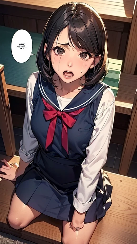 (:1.38),(14 Y8),(young Woman:1.66),(Masterpiece:1.21),(FHD),(16K),(Top Quality:1.24),(Super Resolution),(Super Illustration),(Best Shadow),(High Quality),(Super Detail:1.15), Elaborate,(1 Woman),(Japanese girl:1.1),(black hair:1.21),(big breasts:1.13),(petite:1.72)(middle hair),(bob cut),(straight hair),(copper tone hair, swept bangs, brown eyes),(drooping eyes:1.33),(big eyes:1.44),(long eyelashes:1.15), (Very dark room:1.76)),(((Middle School))),((School teacher Office)),((white Sailor uniform, white blouse, navy ribbon,black pleated skirt,white socks,black loafers)),(cartoon speech bubble:1.33),(open one's mouth:1.22),(to talk:1.2),(seiza:1.49),(View from above:1.44),(Look up:1.65),(frustrated:1.35),(Embarrassing:1.38),(submissive:1.38),(cry:1.12),(looking at viewer:1.2)