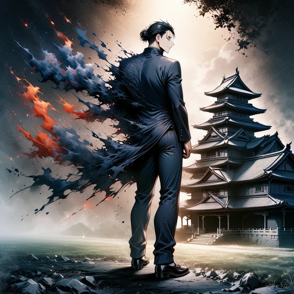 (masterpiece, best quality), intricate details, 1boy, man, black hair, , geto, suguru geto \(jujutsu kaisen\), long black hair partially tied up in a man bun while the rest drapes down his back, black eyes, dark blue gakuran jacket, matching pants, male focus, side buttoned jacket, polo neck jacket, slacked pants, , black loafers, japanese castle background, horror scene, upper body, full body shot, no human, high saturated colors.