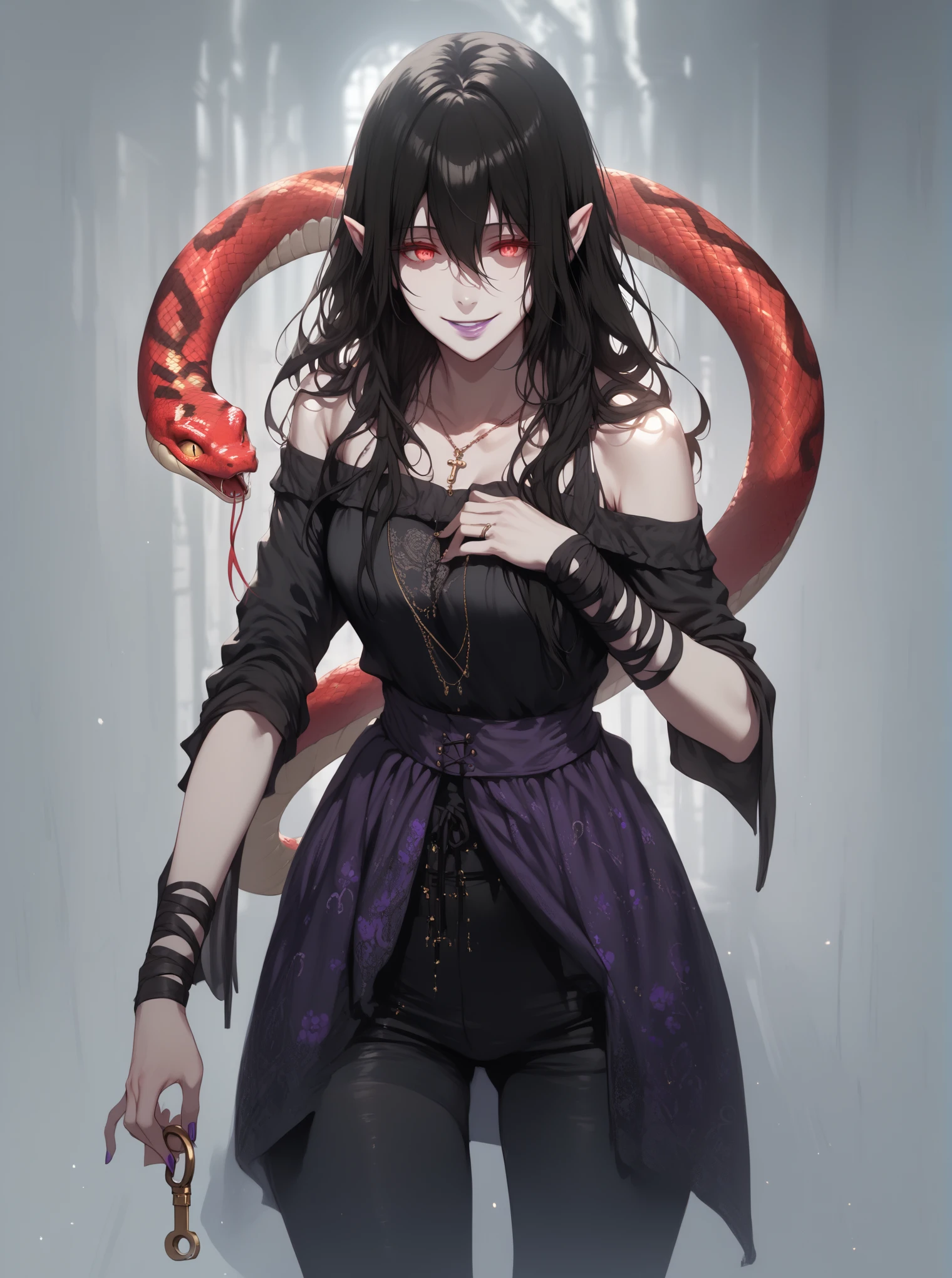 (hews art style:0.7), (asura art style:0.7), score_9, score_8_up, score_7_up, score_6_up, score_5_up, score_4_up, uncensored, black hair, red eyes, purple lipstick, hair between eyes, long hair, short pointy ears, pale skin, BREAK (masterpiece:1.2), best quality, high resolution, (detailed eyes:1.3), perfect lighting, (perfect hands, perfect anatomy), abandoned building, dark room, 1girl, solo, snake, jewelry, smirk, key, bare shoulders, necklace, off shoulder, upper teeth only, shaded face, hollow eyes, glow effect, bokeh, 