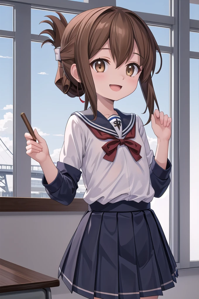 Highest quality, masterpiece, High resolution, alone, {inazuma_Kantai Collection}, brown_hair, Folded_ponytail, brown_eye, length_hair, Open_mouth, smile, School_uniform,skirt,Pleats_skirt,((Flat Chest, Small breasts, Flat Chest)),