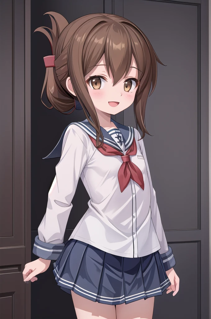 Highest quality, masterpiece, High resolution, alone, {inazuma_Kantai Collection}, brown_hair, Folded_ponytail, brown_eye, length_hair, Open_mouth, smile, School_uniform,skirt,Pleats_skirt,((Flat Chest, Small breasts, Flat Chest)),