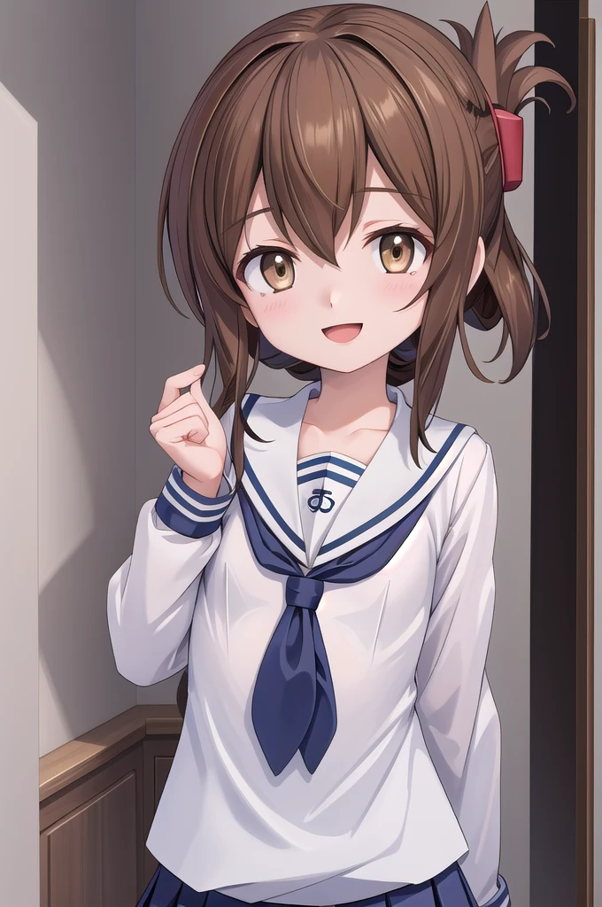 Highest quality, masterpiece, High resolution, alone, {inazuma_Kantai Collection}, brown_hair, Folded_ponytail, brown_eye, length_hair, Open_mouth, smile, School_uniform,skirt,Pleats_skirt,((Flat Chest, Small breasts, Flat Chest)), 