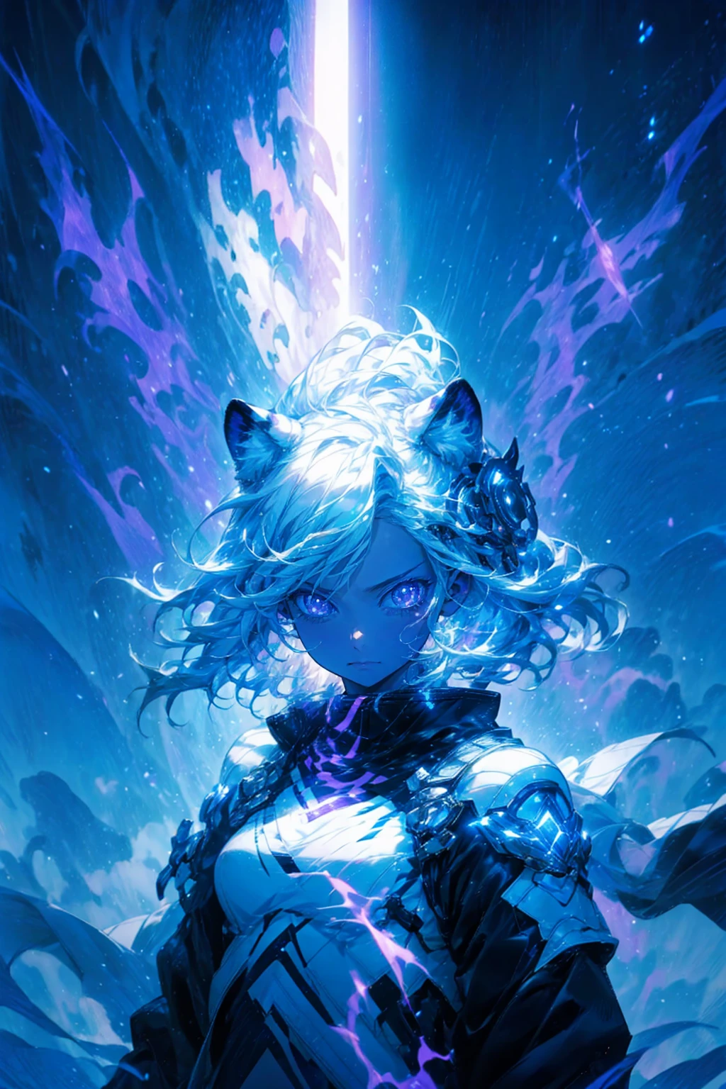 1girl,solo,cool,mysterious,light in the eyes,she is fighter,like a white tiger,white and purple aura,