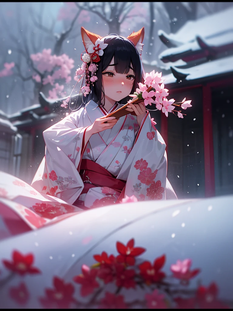 (Sumilux f1.4 50mm , low Latitude old color negative film , cross process , bokeh, flare, chromatic aberration , soft focus, (Shallow focus) , soft glow , Maximum aperture, High Key , Transparent depiction) , kawaii hentai anime , Japanese Heian period , Royal girl, fox ear , (round Maro eyebrows) , kimono, sitting , (Peony flowers blooming:0.8) , closeup face , Snow is falling , steamy breath , with Biwa hōshi , Drinking cloudy white sake from a sake cup