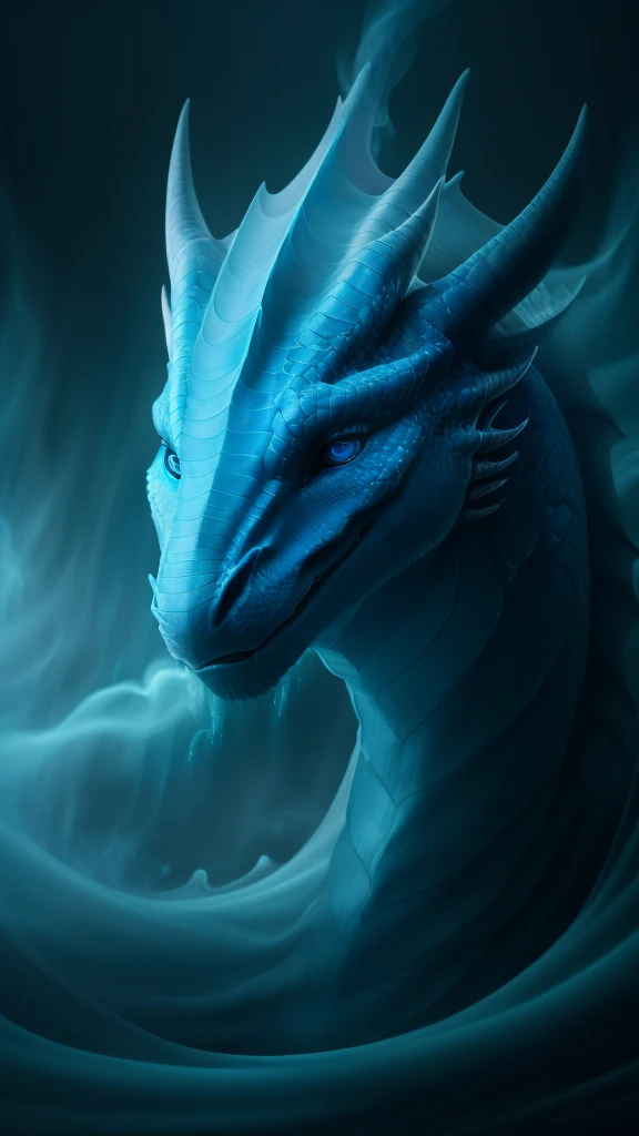 (((8k))), (((High resolution))),((Highest quality)), a white dragon, Blue eyes, blue aura swirling around the body,beautiful fog,mystic atmosphere,Ultra-realistic,8k,Ultra-fine,Super detailed