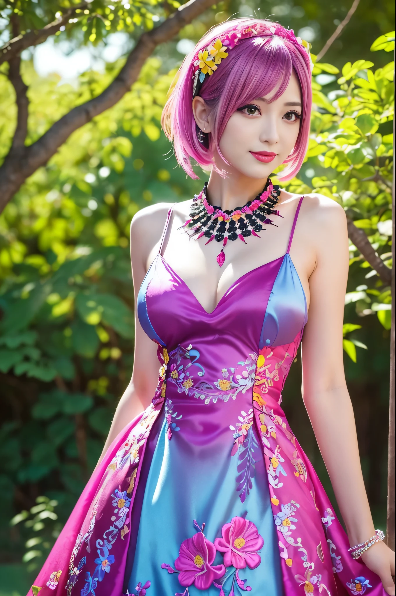 (masterpiece:1.4), (best quality:1.4), ultra high res, ultra high resolution, ((detailed facial features)), HDR, (realistic, photorealistic, photo-realistic:1.37), full body Esbian, sexy swedish model, (-anime), only 1 model, vivid colors, ((vivid colors multicolor (fuchsia, pink, light blue, purple) very short hair)), (seductive smile), lip-gloss, long lashes, defined eyebrows, wearing large sparkling colorful jewelery, wearing a red silk Paradise Kiss cosplay dress with black floral embroidery, ((vivid colors outfit)), vivid colors, look at the camera, cinematic light, large park background with trees, sweet and sexy pose