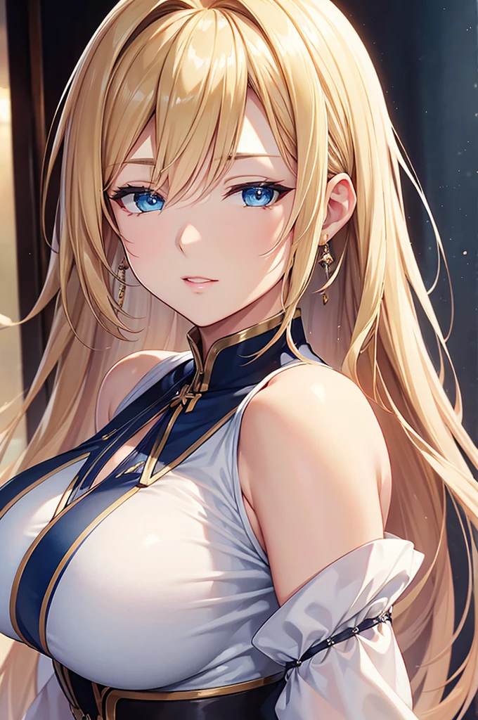(best quality, highres), portrait, mature woman, Blue eyes, long hair, swept-side bang, [[brown hair]], (blonde hair), big breast, high resolution cg 8k, beautiful cg、セーラー服