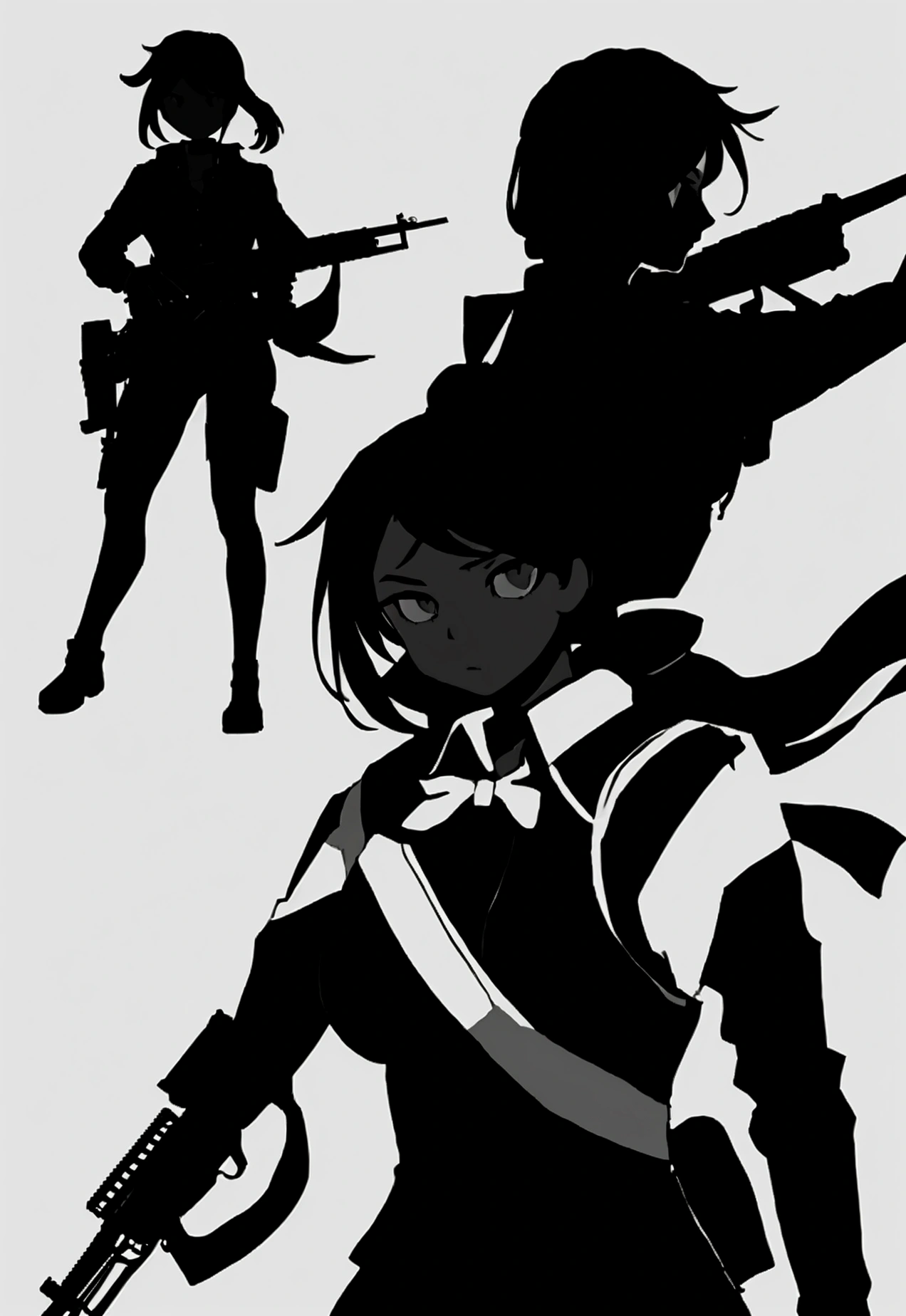 a silhouette of a woman holding two guns and a gun, character silhouette, detailed silhouette, half - body shot, half-body shot, black silhouette, of a sniper girl in war, female lead character, silhouette!!!, female spy, half body shot, silhoutte, carrying a rifle, stylized silhouette, woman silhouette, silhouette :7, siluette