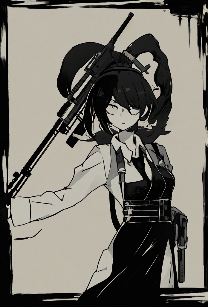 a silhouette of a woman holding two guns and a gun, character silhouette, detailed silhouette, half - body shot, half-body shot, black silhouette, of a sniper girl in war, female lead character, silhouette!!!, female spy, half body shot, silhoutte, carrying a rifle, stylized silhouette, woman silhouette, silhouette :7, siluette