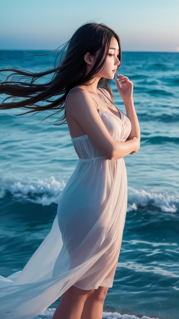 ((最high quality)), Like a photograph,high quality, 8k resolution",Beautiful 19 year old girl,summer,The girl sways beautifully in the sea breeze、graceful hair,Sad crying profile,Ocean view,night,Coastal Cafe,firework,Elegant fashion
