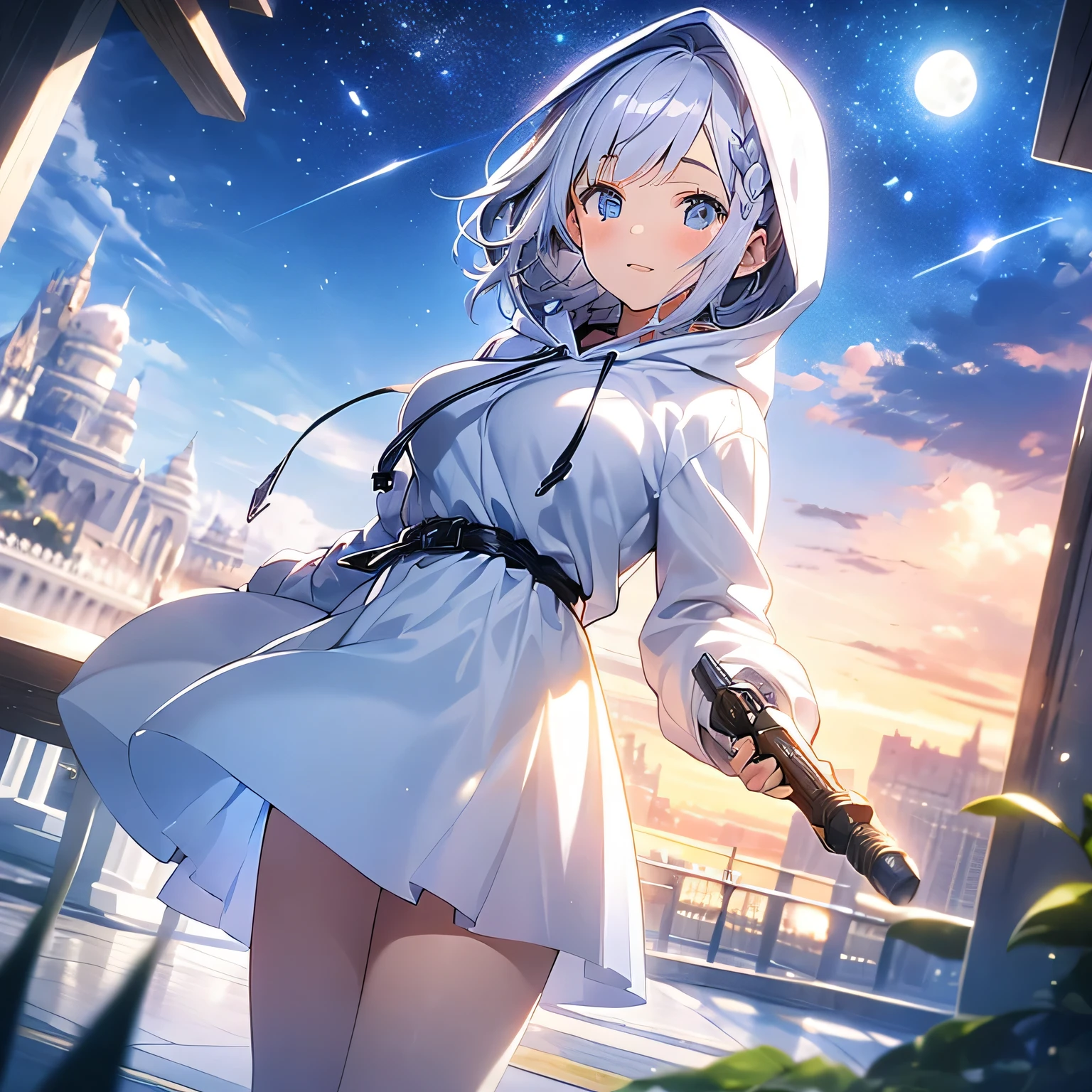 woman、Silver Hair、Short Hair、Braid、Blue Eyes、hair ornaments、Big Breasts、skirt、Wearing a hood、White hoodie combat uniform、Cane、night、moonlight