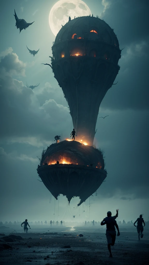 People running away from eerie creatures floating in the sky.