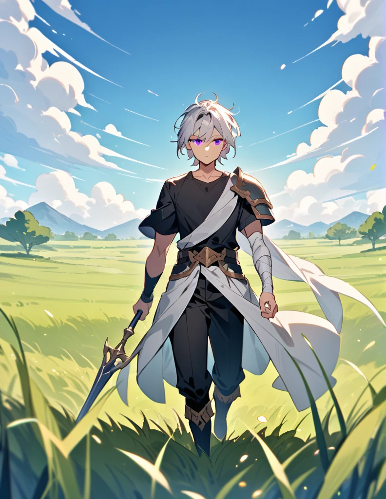 Greek boy with shoulder-length long white hair, violet eyes, one arm covered in bandages, equipped with a spear, wearing two silver shoulder pads and a black shirt, walking in a field of green grass with an open blue sky